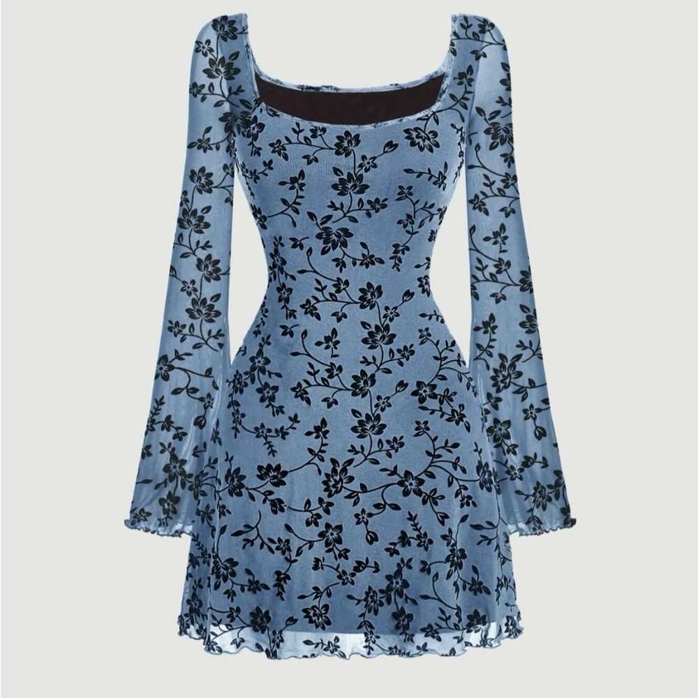 Floral Blue Dress with Black Accents